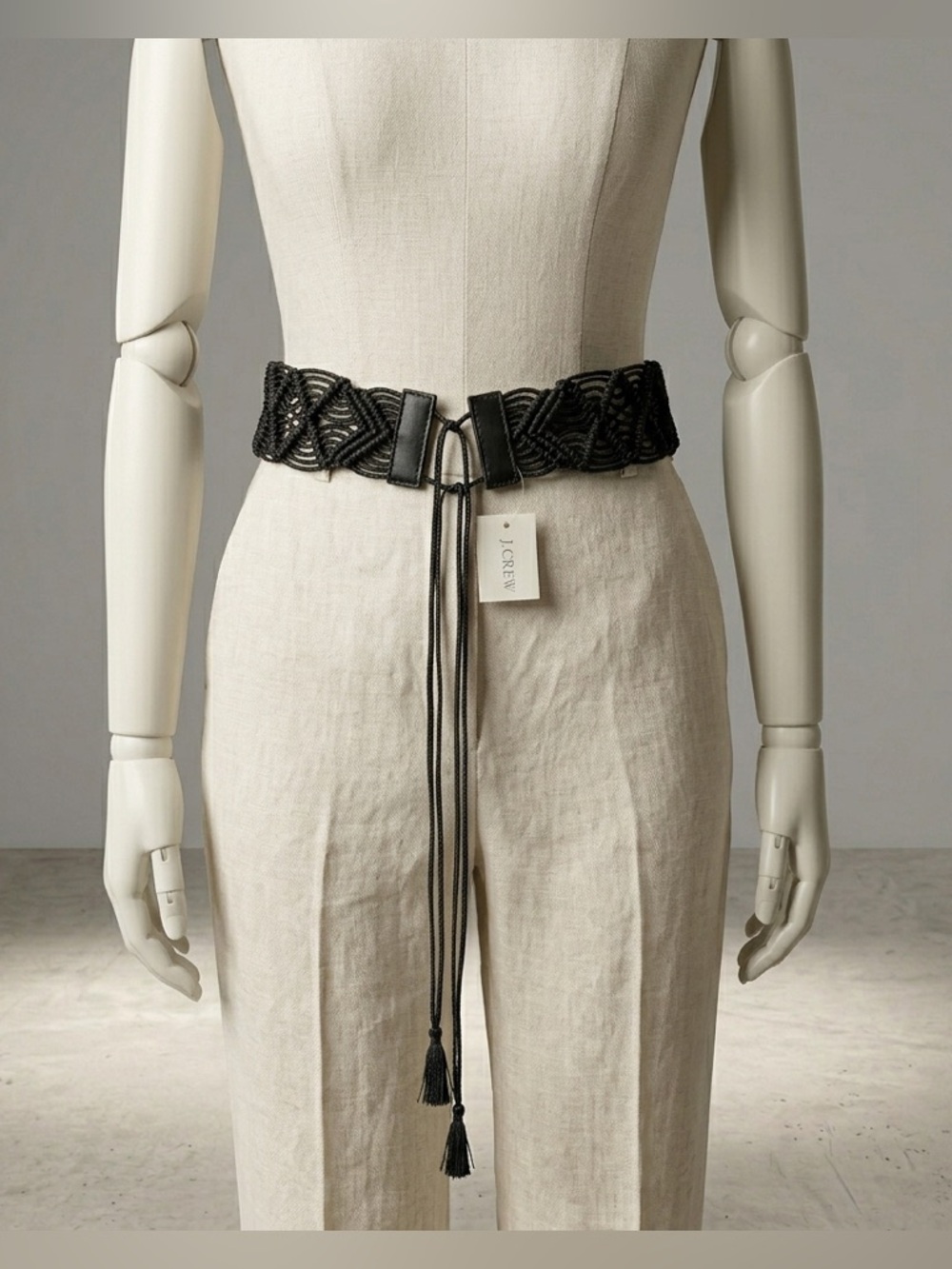 J. Crew Black Braided Tassel Waist Belt  Macramé Woven  M/L Leather Trim Boho